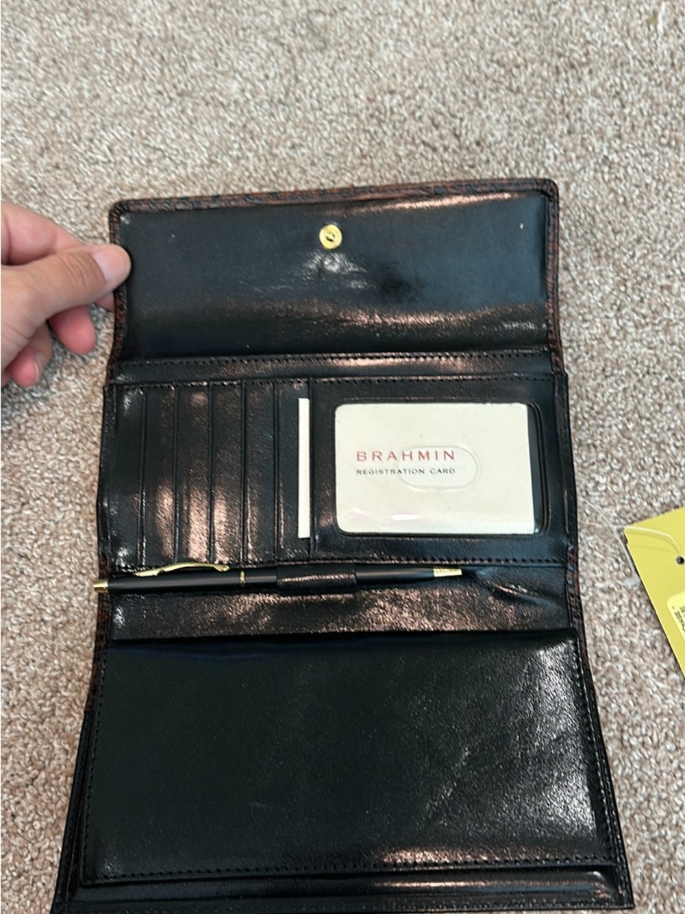 Brahmin Black Leather Long Wallet with Gold-Tone Pen